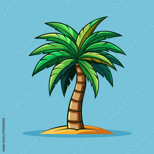 Cartoon palm tree on a tropical island beach with blue sky