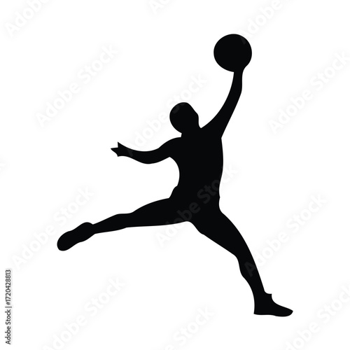Iconic silhouette of a basketball player in mid-air performing a slam dunk.
