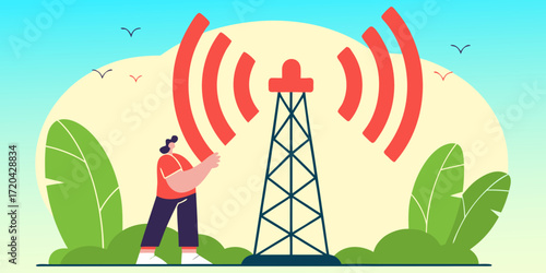 Person standing near a cell tower broadcasting signals with surrounding foliage