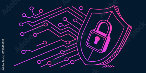 Digital security shield with padlock and circuit board illustration