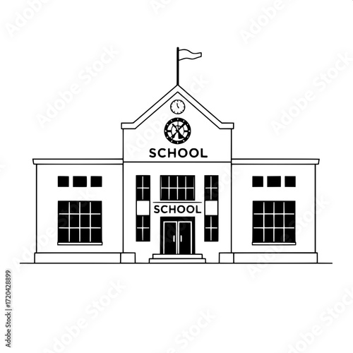 “Professional minimalist black and white outline of a school building, symmetrical wings, grid-like windows, bold sans-serif text ‘SCHOOL’, clock in gable, flag on pole at top, clean elevated frontal 