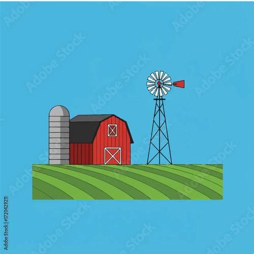 Rural farm with red barn silo and windmill on green fields