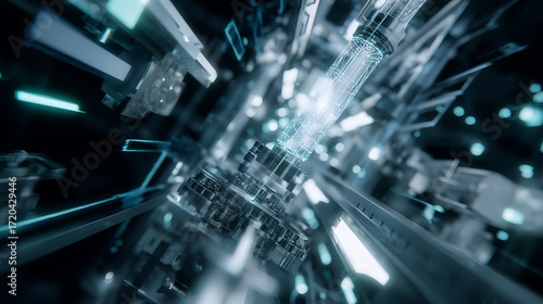 Futuristic digital tunnel with glowing blue structures and abstract technology elements