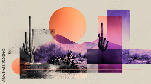 Abstract desert landscape with cactus and geometric shapes. This abstract artwork features a desert scene with a vibrant sunset, mountains, hills, cacti, all within geometric shapes. Huge orange sun.