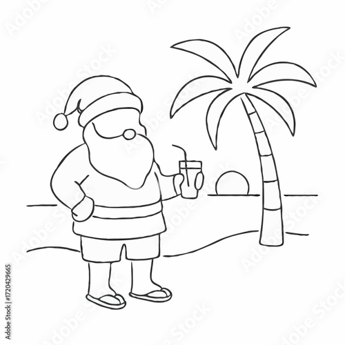 Santa on a tropical beach. Santa Claus relaxing on tropical beach in minimalist line art
