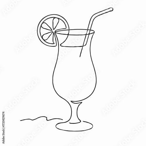 Sex on the Beach cocktail. Cocktail glass with lemon slice in minimalist line art style