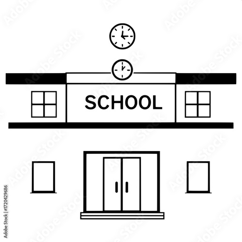 “Simplified stylized black and white vector drawing of a school facade, modern flat design, two-story rectangle with evenly spaced square windows, central double-door entrance, large ‘SCHOOL’ sign abo