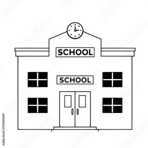 “Simplified stylized black and white vector drawing of a school facade, modern flat design, two-story rectangle with evenly spaced square windows, central double-door entrance, large ‘SCHOOL’ sign abo