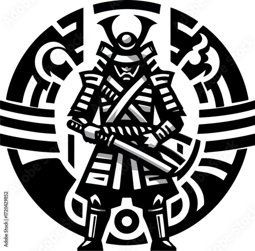 Japanese_Samurai_Warrior_Vector_Illustration_–_Black_and_White_Tribal_Style