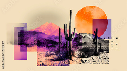 Abstract desert landscape with cactus and geometric shapes. This abstract artwork features a desert scene with a vibrant sunset, mountains, hills, cacti, all within geometric shapes. Huge orange sun.