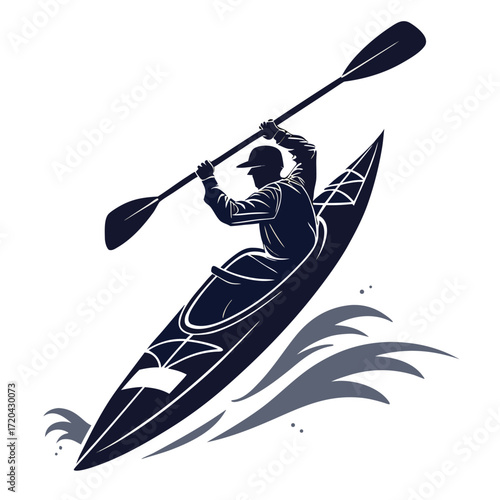 Kayaker paddling in whitewater silhouette
