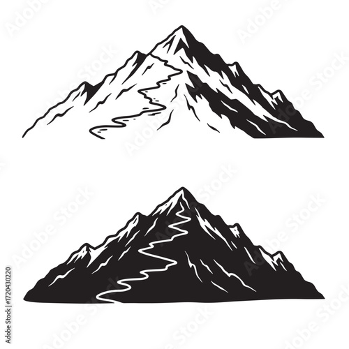 Black and white vector illustration of mountain ranges with winding hiking trails
