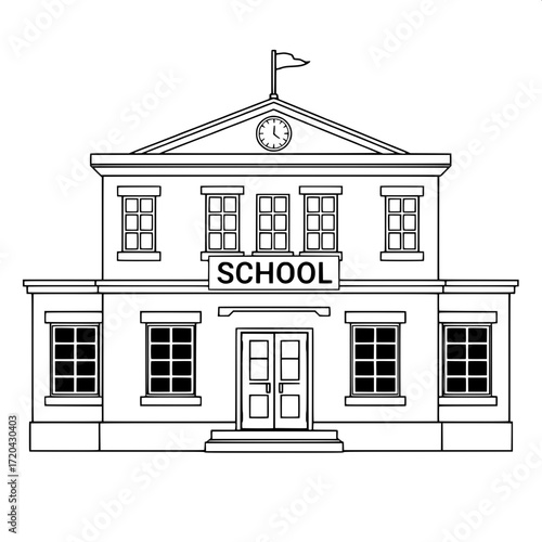 “Minimalist black and white line illustration of a school building, frontal view, two stories with square grid windows, bold sans-serif ‘SCHOOL’ sign above entrance, centered clock in the gable, small