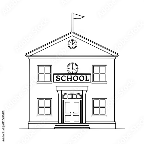 “Minimalist black and white line illustration of a school building, frontal view, two stories with square grid windows, bold sans-serif ‘SCHOOL’ sign above entrance, centered clock in the gable, small