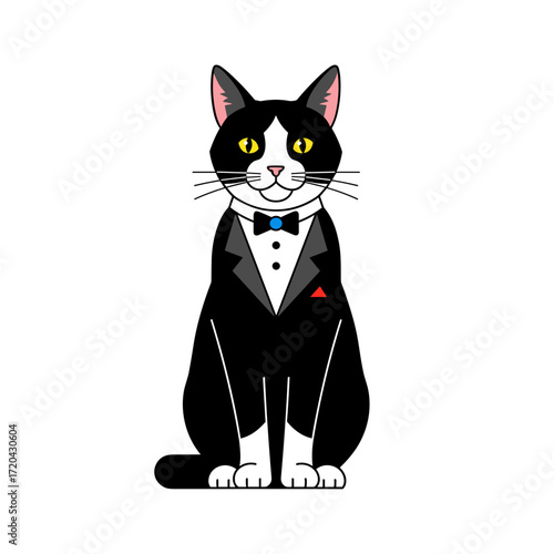 A dapper black and white cartoon cat sitting formally in a tuxedo with a blue bow tie.