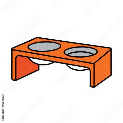 A modern orange elevated pet feeder with two grey bowls depicted in a simple graphic illustration style.
