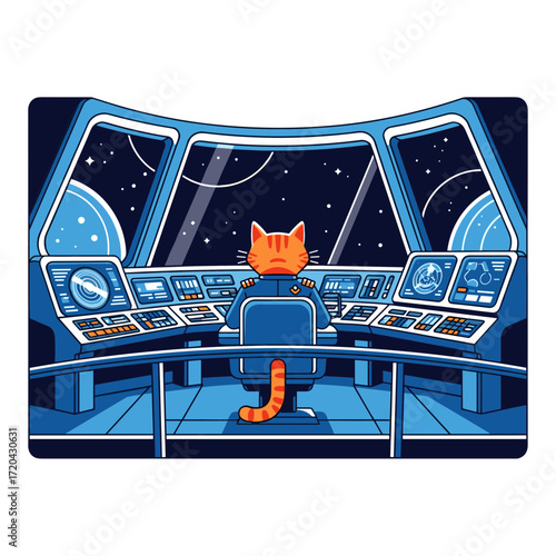 A ginger tabby cat astronaut in a blue uniform at the helm of a futuristic starship.