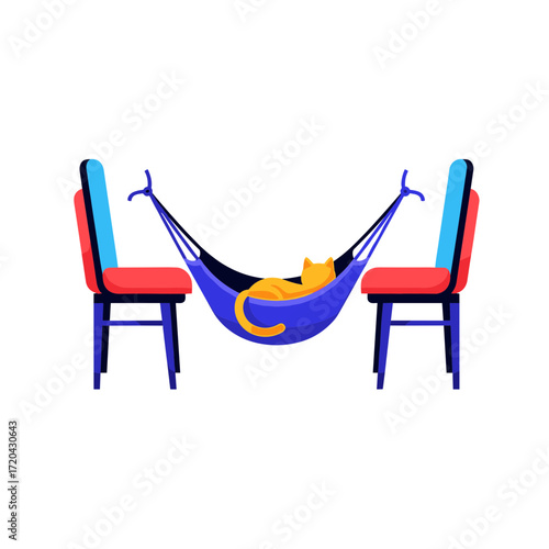 A relaxed ginger cat napping comfortably in a blue hammock suspended between two colorful chairs.