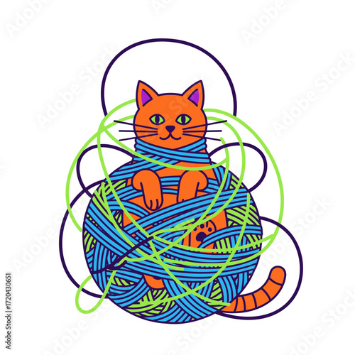 A playful orange cartoon cat with green eyes happily tangled in a colorful ball of yarn.