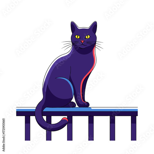 A stylized dark purple cat with yellow eyes and vibrant red and blue highlights sitting gracefully on a blue fence.