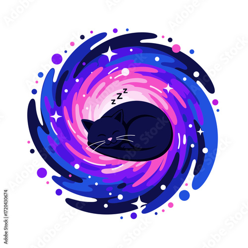 Adorable black cat peacefully sleeping curled in a vibrant cosmic galaxy swirl with stars and Zzz symbols.