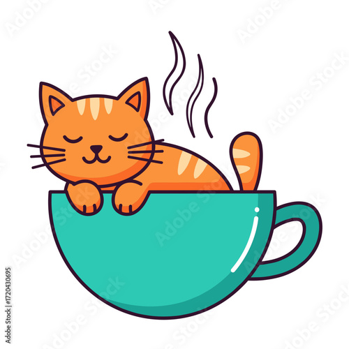 Adorable cartoon orange tabby cat with closed eyes relaxing in a steaming teal teacup.