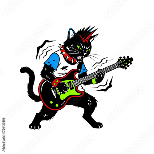 Black cat with punk mohawk and guitar rocking out.
