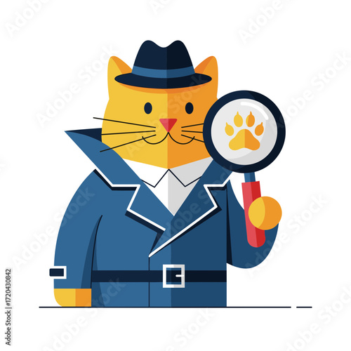 Cartoon Cat Detective in Trench Coat Holding Magnifying Glass with Paw Print.