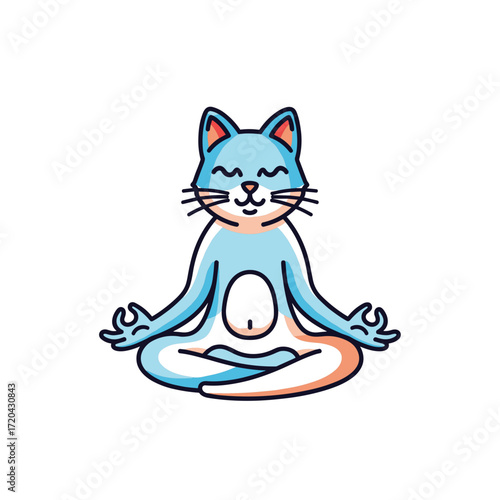 Cartoon Blue Cat Meditating in Lotus Position with Closed Eyes.