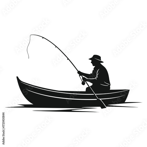 Fisherman in small rowboat silhouette