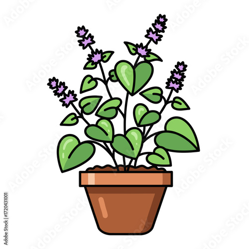 Cartoon Potted Plant with HeartShaped Leaves and Purple Flowers Illustration.