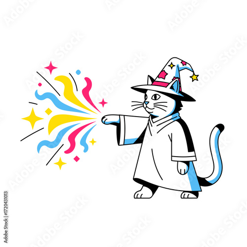 Charming Wizard Cat Casting Colorful Magic Spell.
