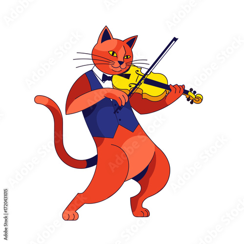Charming orange cartoon cat musician playing yellow violin dressed in blue vest and bow tie.