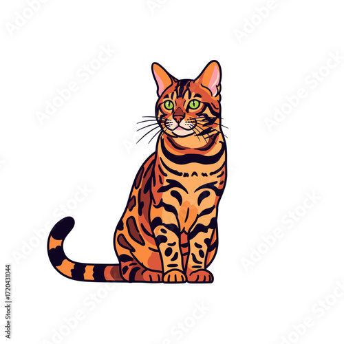 Colorful Bengal Cat Illustration Sitting Pose.