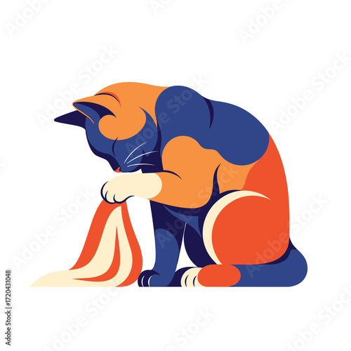 Colorful Cartoon Cat Grooming Itself with Abstract Design.
