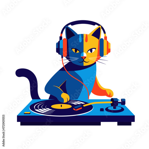 Colorful Cat DJ with Headphones Mixing Music on Turntable.