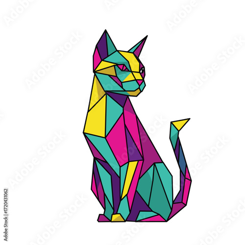 Colorful Geometric Cat Silhouette in Vibrant Polygons.