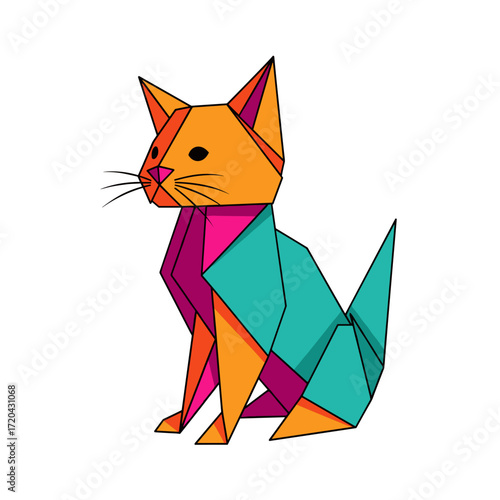 Colorful Geometric Origami Cat Sitting with Triangular Body and Tail.