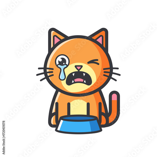 Crying orange cartoon cat with empty blue food bowl expressing hunger and distress.
