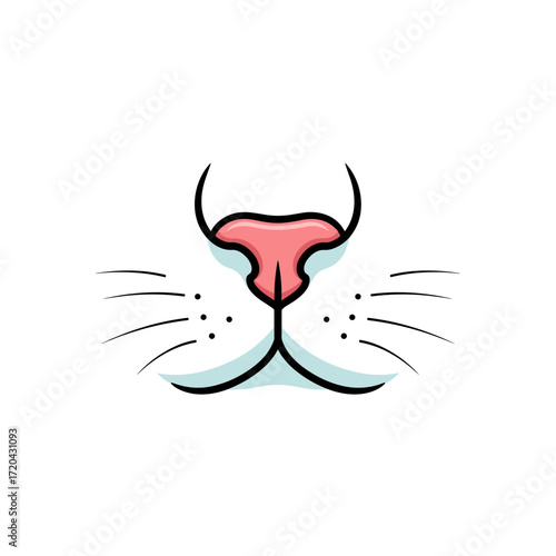 Cute cartoon cat snout with a pink Tshaped nose black whiskers and a light blue shadow.