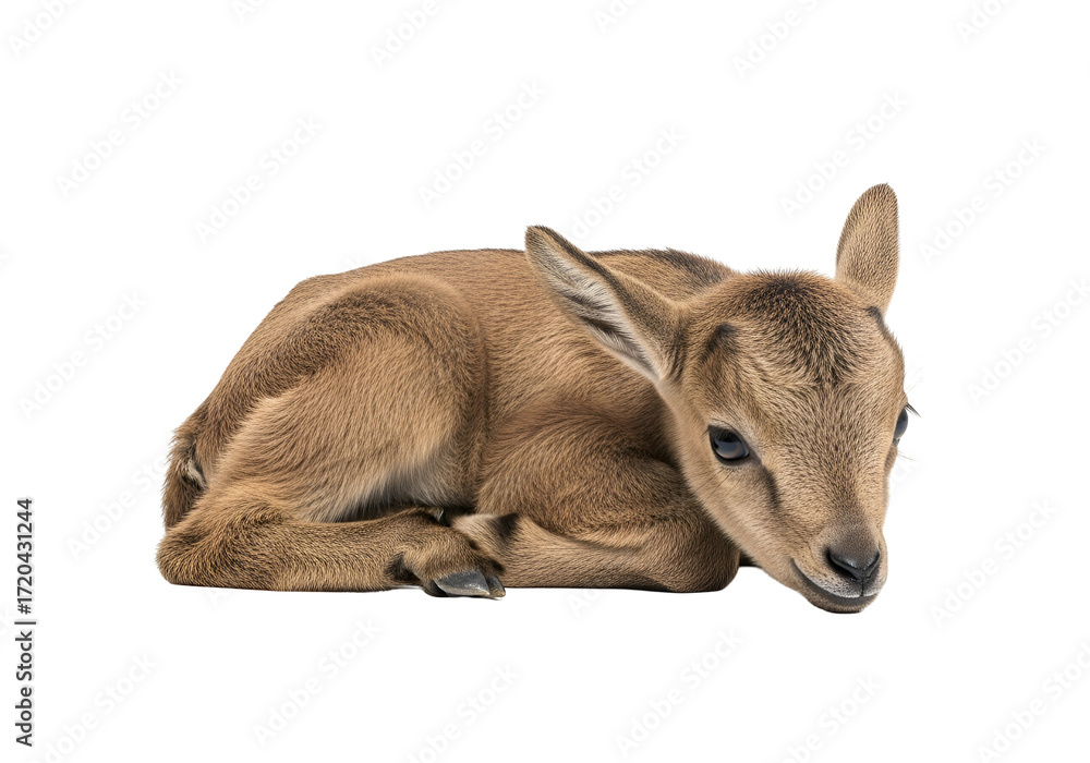 Fototapeta premium A small, delicate newborn baby goat lies peacefully against a black background.