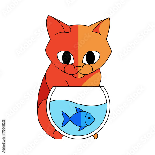 Geometric cartoon cat split orange and red sitting behind a fishbowl with a blue fish.