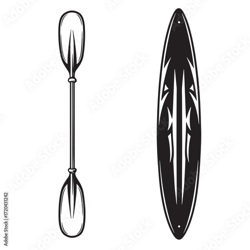 Monochrome vector illustration of kayak paddle and modern decorative kayak boat design