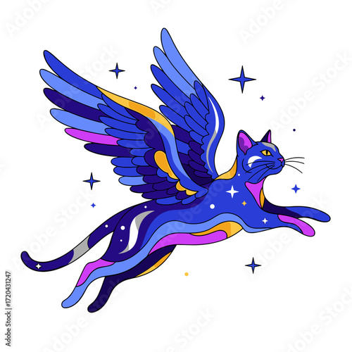 Mythical winged cat with cosmic blue fur and starry patterns flying gracefully.