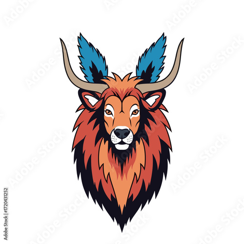 Mythical horned beast head with a fiery mane and striking blue feathered ears.