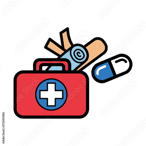 Red FirstAid Kit with Bandages Roll and Capsule.