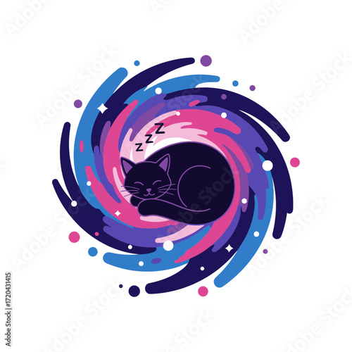 Serene Black Cat Napping in a Colorful Swirling Galaxy.