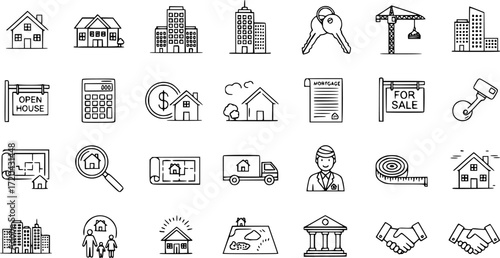 Vector set of real estate thin line icons.