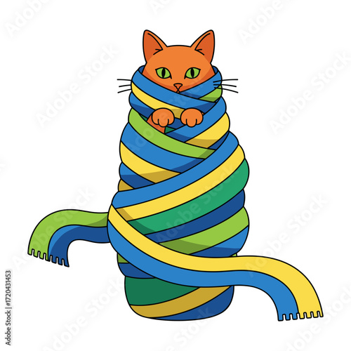 Snugly wrapped orange cartoon cat with vibrant green eyes in a striped blue green yellow scarf.