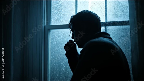 Silhouette of a sick man coughing against a window backdrop
